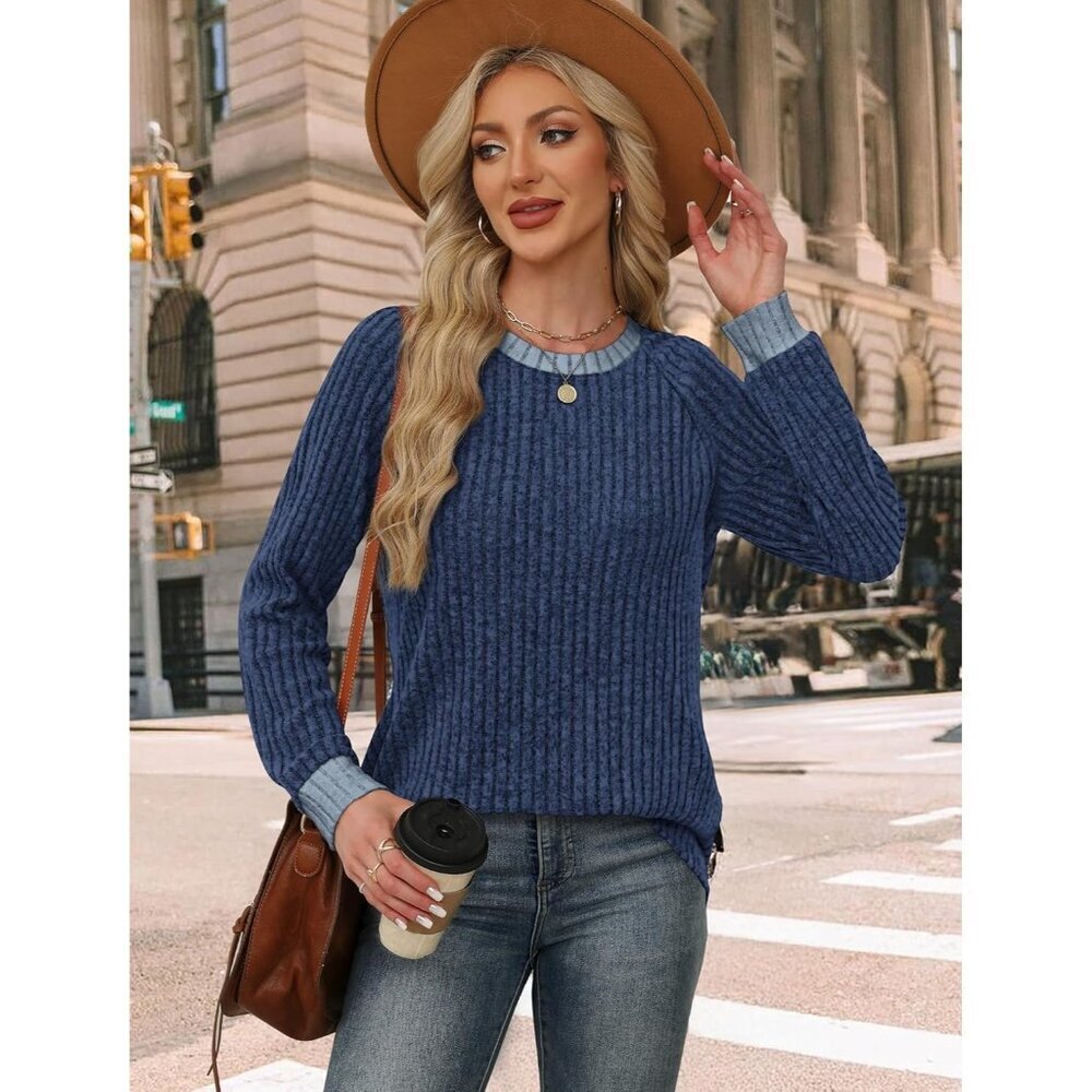 Women's Navy Blue Color Block Long Sleeve Shirt Lightweight Sweater Fall 2025 - Picture 4 of 5